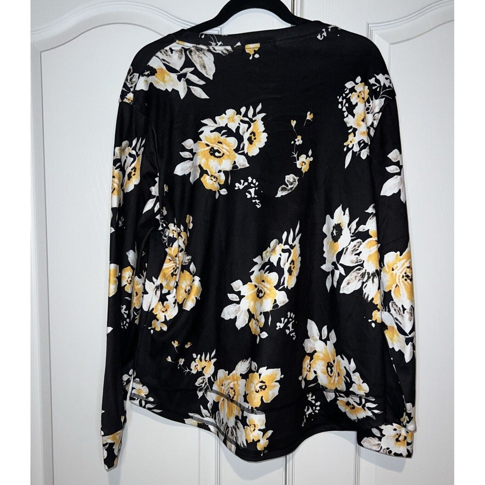Fantaslook Floral Print Black Yellow White Long Sleeve Top Size Large Warm Soft - Picture 4 of 9